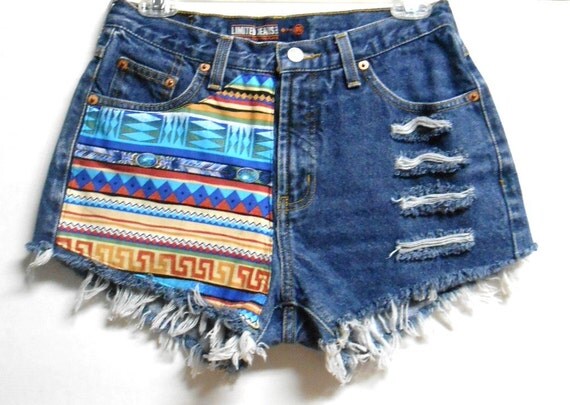 Items similar to Blue Denim Shorts Tribal Print with Studs Size 6 on Etsy