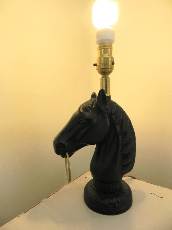 Vintage Horse Head Table Lamp Black Metal Rustic Decor