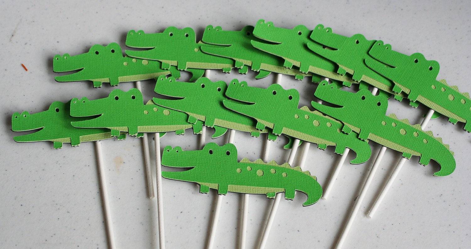 12 Green Alligator Jungle Zoo Animal Cupcake Toppers