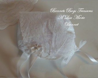 Heirloom Baby Bonnet with BRIDAL LACE great gift for baby showers Christening and Dedications or just to wear - Magic hanky bonnet