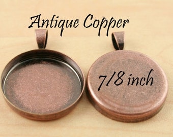 10 Vintage ANTIQUE COPPER Pendant Tray Bezels, 7/8 inch, Great for Photo Charm Necklaces