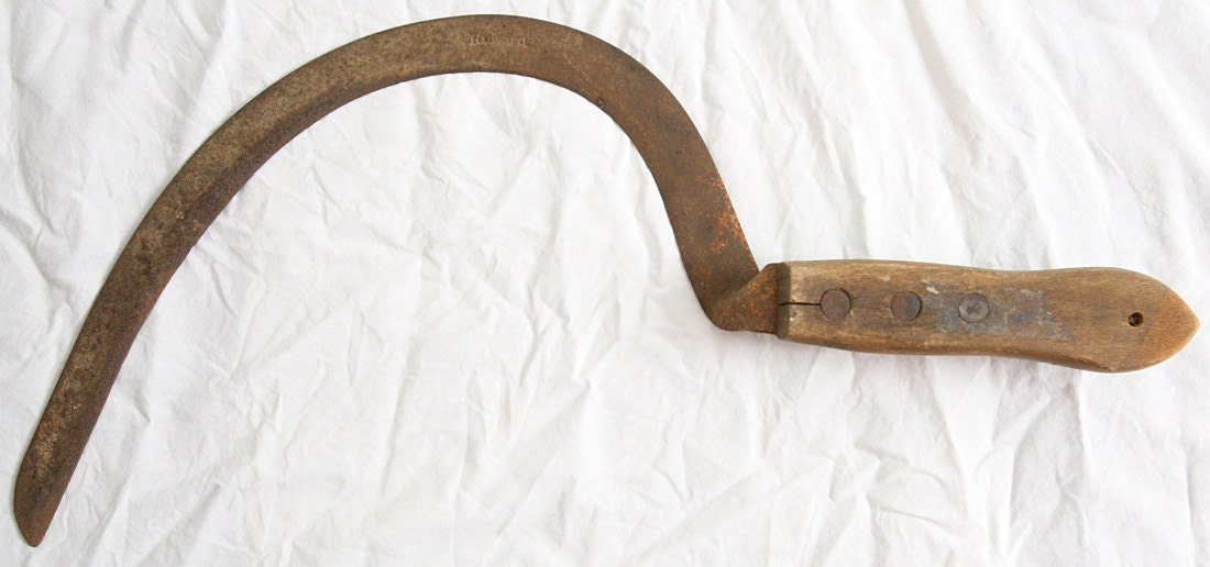 Antique Hand Sickle Scythe Wooden Handle Farm Tool Signed