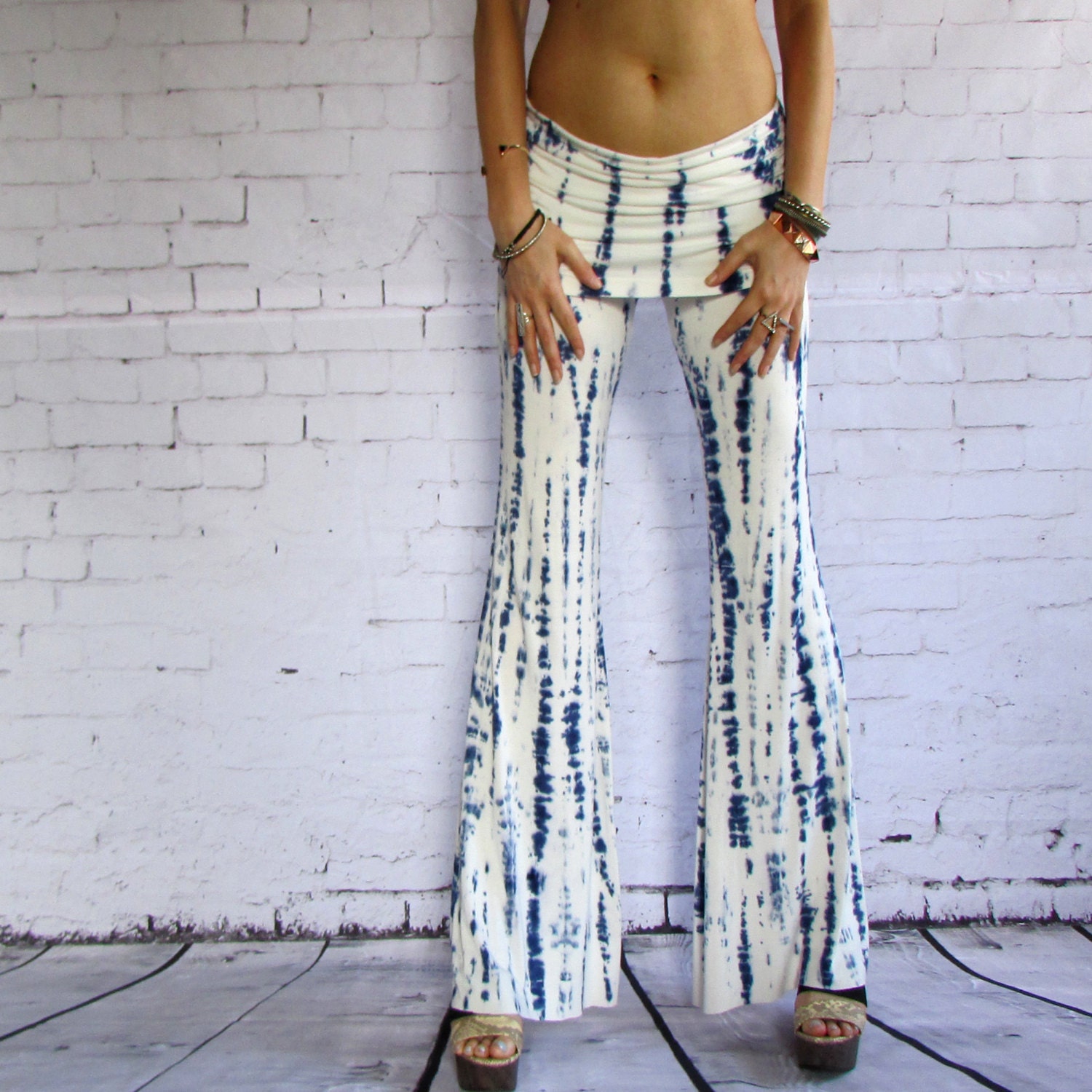 Sale Indigo Tie Dye Foldover Flares Yoga Pants Shibori By Luvluxx 7372