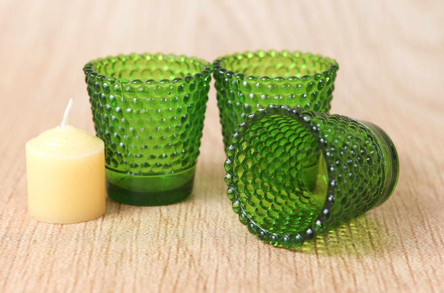 Vintage Green Hobnail Glass Votive Candle Holders set of 3