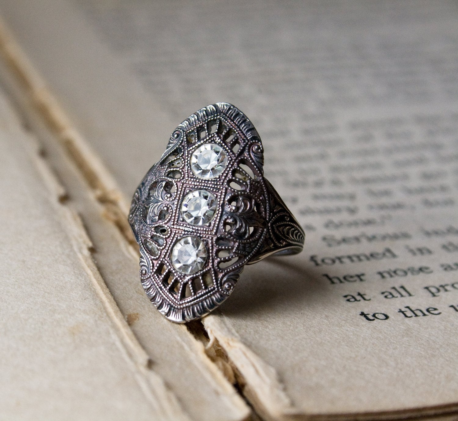 Art Deco Ring 1920s Jewelry 3 Jewel Filigree Cocktail Ring