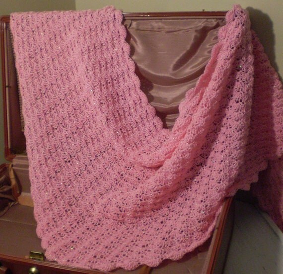 Handmade Crochet Candy Pink Shell Pattern Triangle Shawl from