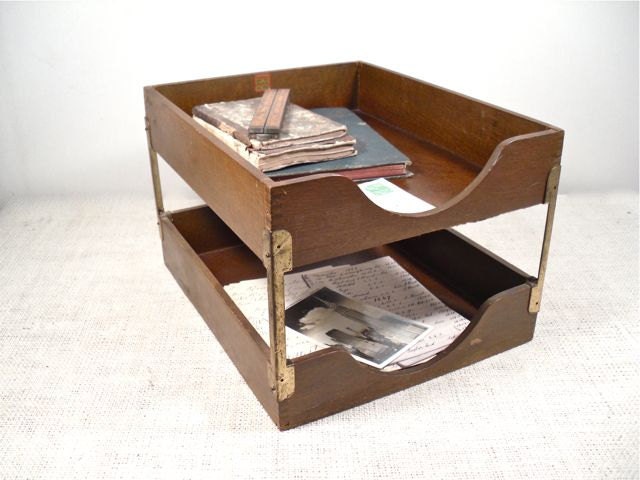 Vintage Wood In Out Box Desk Mail Tray