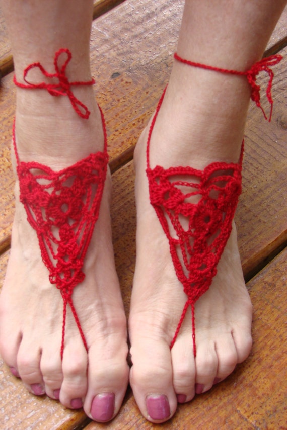 Women or Girls Red Crochet Barefoot Sandals by CraftinCousins