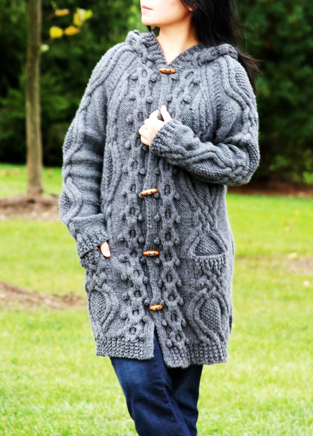 Hand Knit Women Chunky Cable Aran Irish Fisherman Sweater Coat