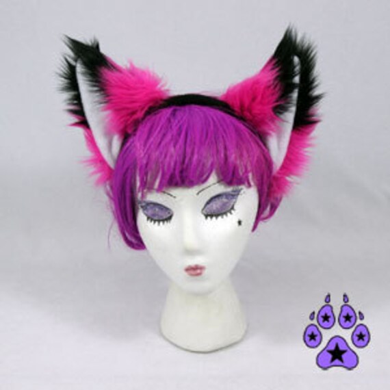 Hot Pink Faux Fur FOX Ears Headband cosplay anime rave by pawstar