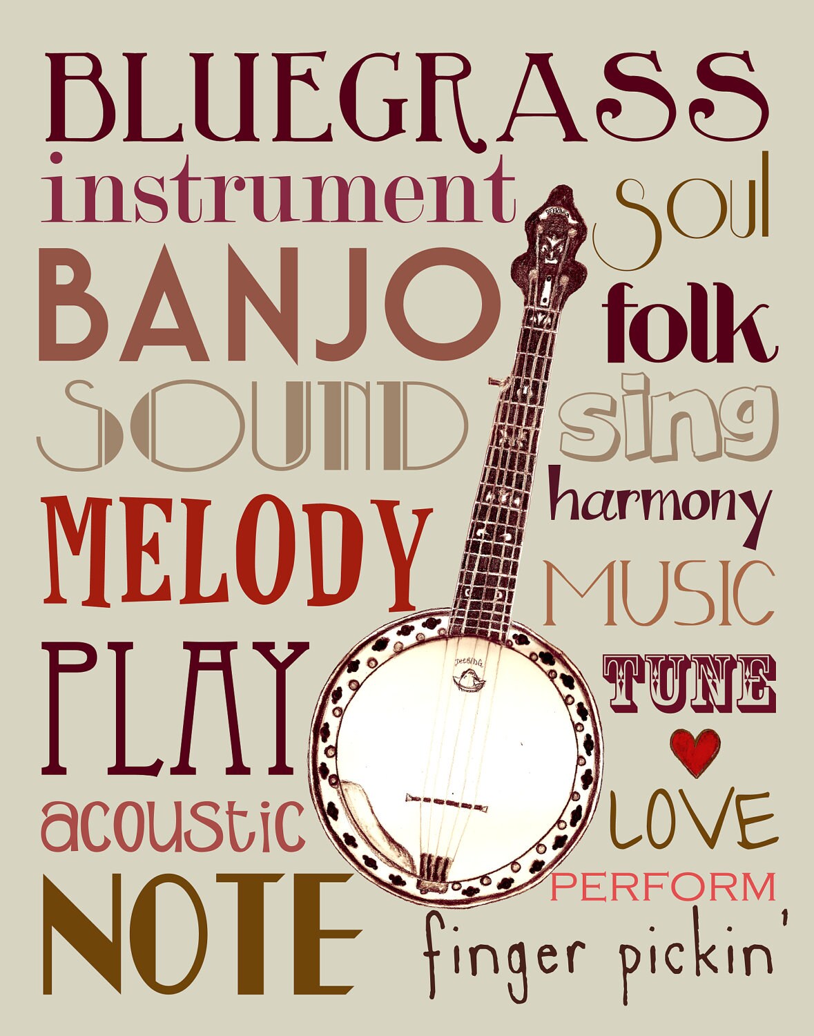 11X14 Banjo with Words Print by on Etsy
