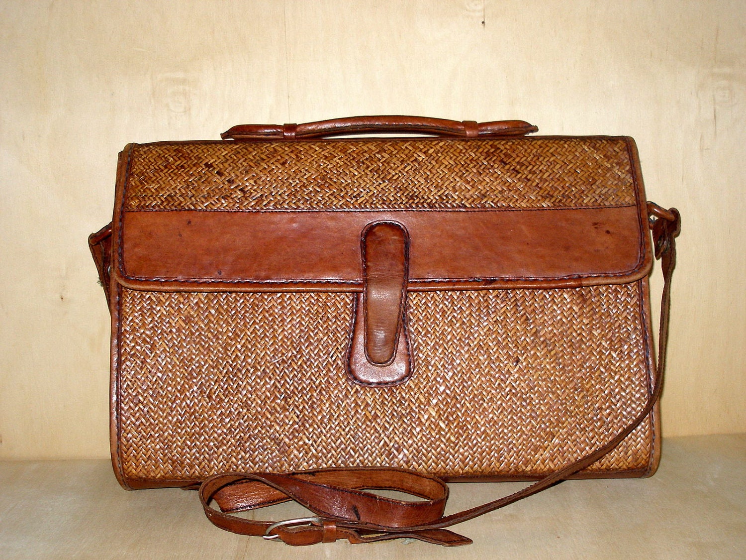 Vintage Leather and Rattan Satchel Briefcase Bag by FultonLane