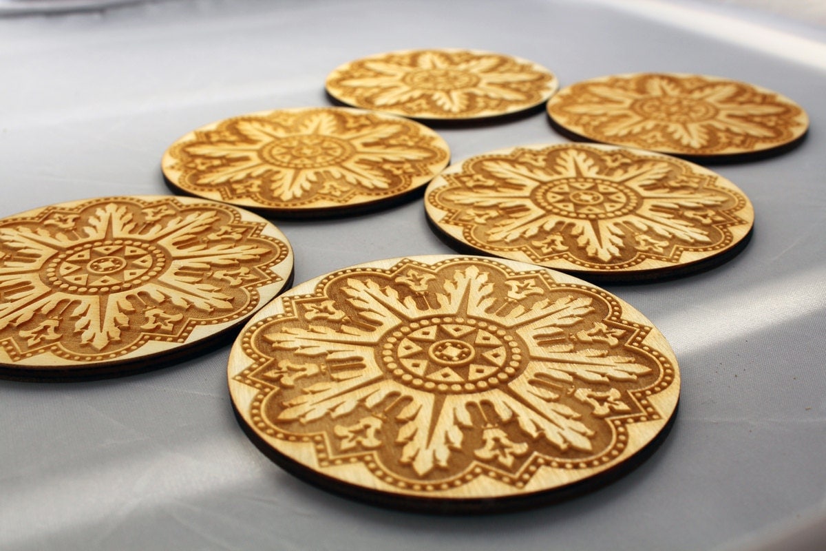 Engraved wooden coasters set of 6 Floral A by InvenioCrafts