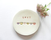 Love Ceramic Jewelry Dish White Pottery Rainbow Hearts Colorful Ring Dish