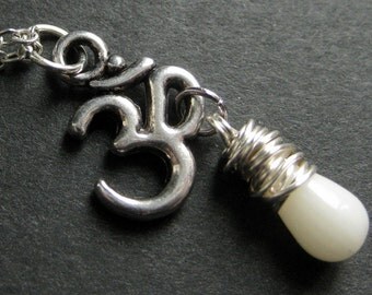 Ohm Necklace. White Coral Necklace. Yoga Necklace. Om Necklace in Silver. Teardrop Necklace. Handmade Jewelry.