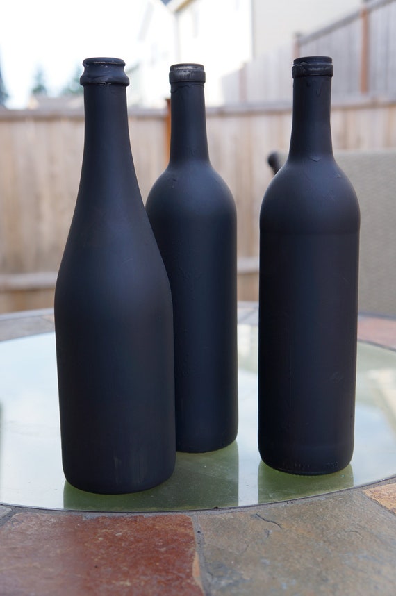 Set of 3 chalkboard painted wine bottles for wedding table