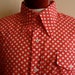 vintage 60's/70's Mod/Pop Art red/white diagonal gingham pattern big collar long sleeve nylon shirt /pockets SKYR, Scandia Trading Co.