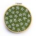 White Blossoms Hoop Art - 5 Inch Modern Wall Art - White Flowers - Green Fabric - Hand Embroidered Contemporary Stitched Wall Decoration