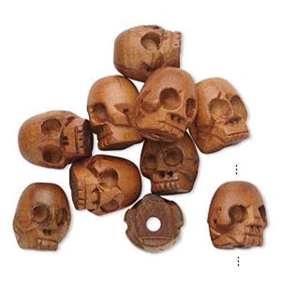 4 Skull Wood Beads Hand Carved 20mm x 16mm Wood Skull