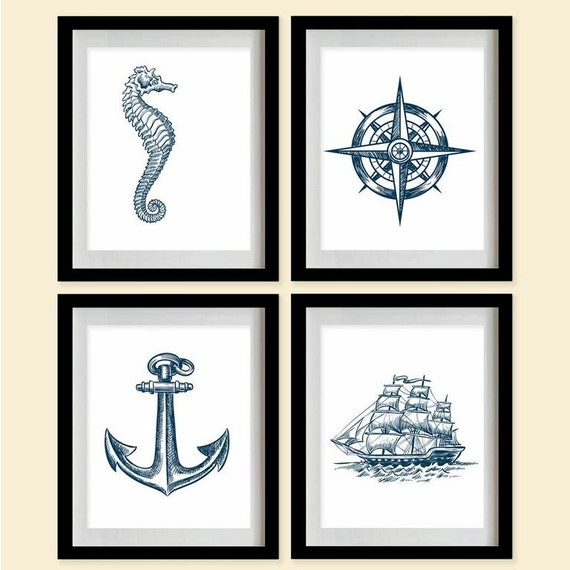 Items similar to Sketched Nautical Decor Art Prints - White, Marine ...