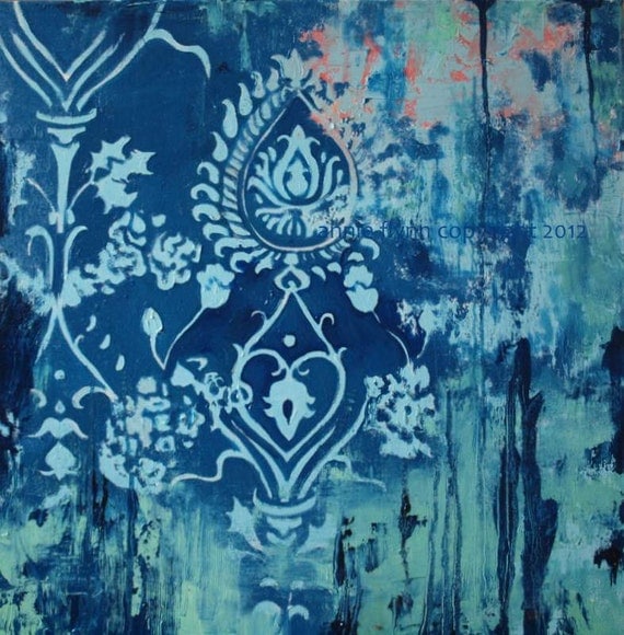 Indigo Damask with Coral and Mint