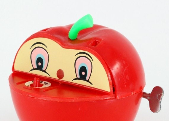 Wind Up Apple Bank with Hungry Worm Vintage Mechanical Bank