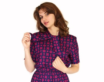 70s Necktie Dress. Navy Blue Fuchsia Dress. Office Dress. Day Dress. Mad Men Fashion. Size Small Petite. Back to school