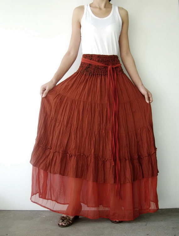 NO.36 Rust Cotton Tiered Peasant Skirt Long Maxi by JoozieCotton