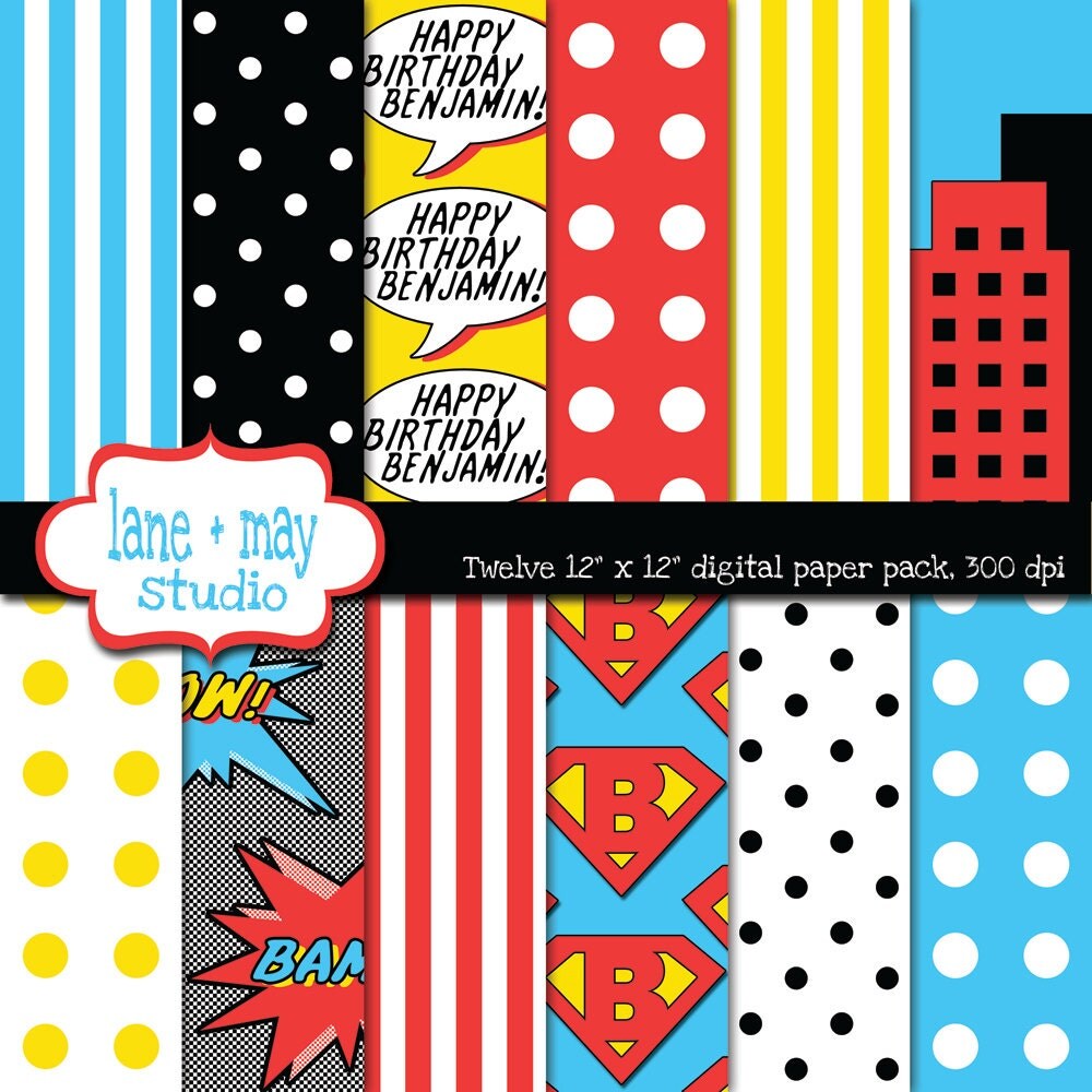 custom classic superhero digital scrapbook papers by laneandmay