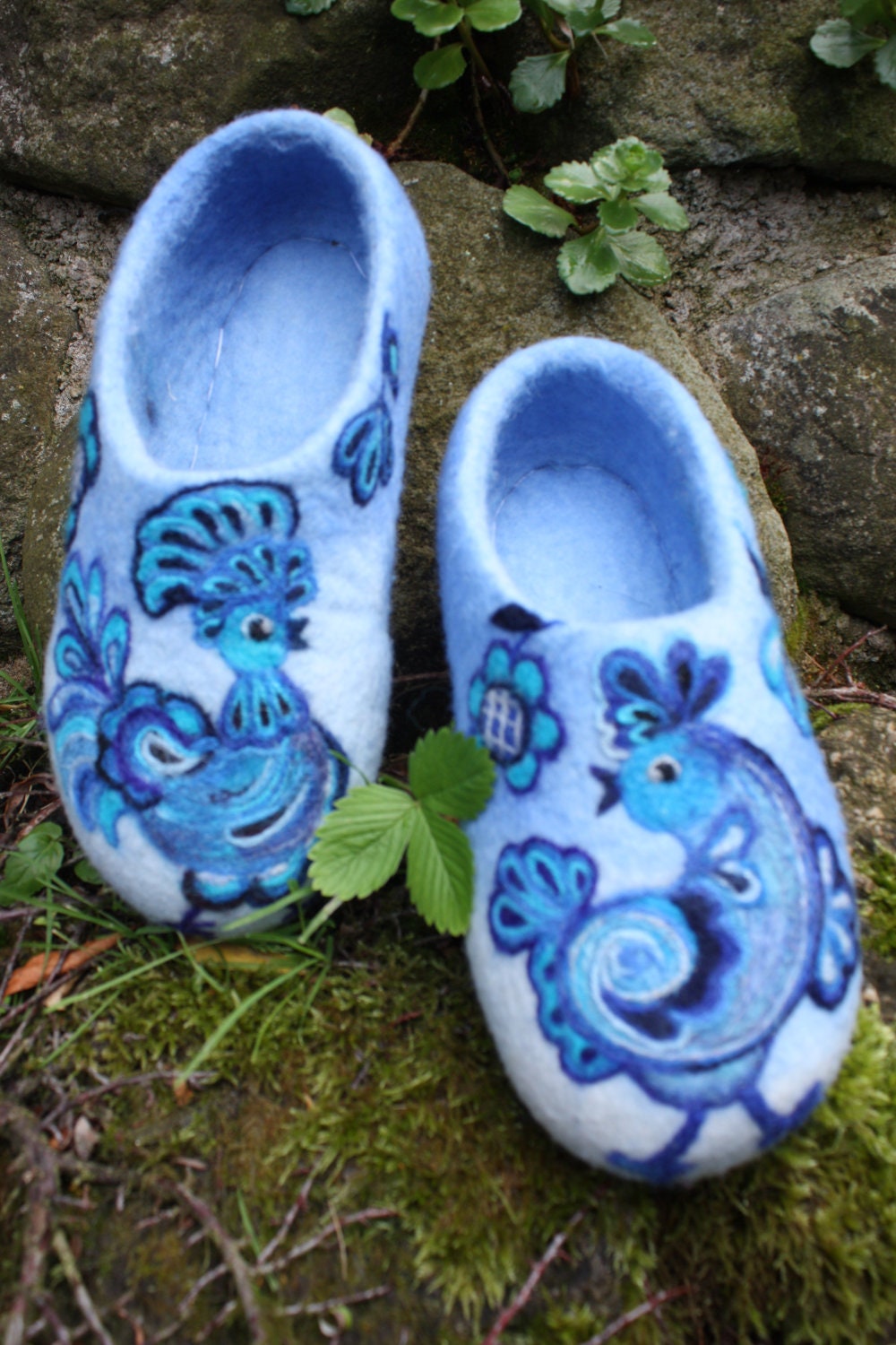 Felted Slippers Blue Birds