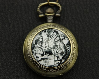 Necklace Pocket watch alice in wonderland white and black