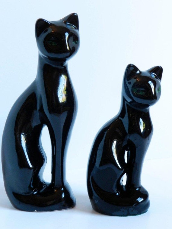 Vintage Black Cat Figurines Two Skinny Ceramic Cats