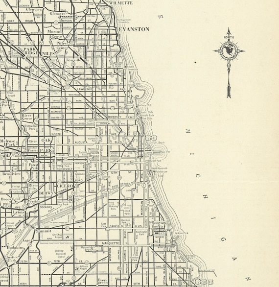 Vintage Map of Chicago Illinois From 1937 Original