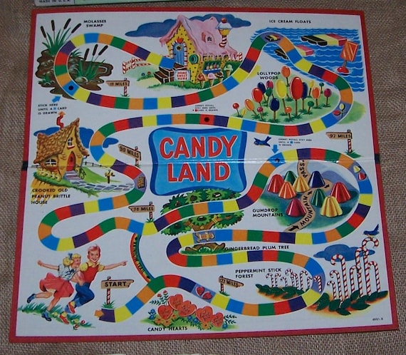 Complete 1955 Candyland Game Box Cards and Game Pieces