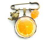 Orange Tea Charm Brooch, Teapot Jewellery, Orange Fruit Brooch - DreamlikeDesign