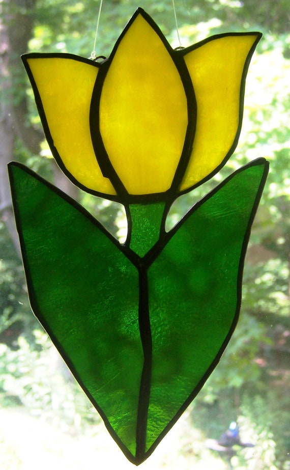 Stained Glass Yellow Tulip Suncatcher by OriAnnaGlassArt on Etsy