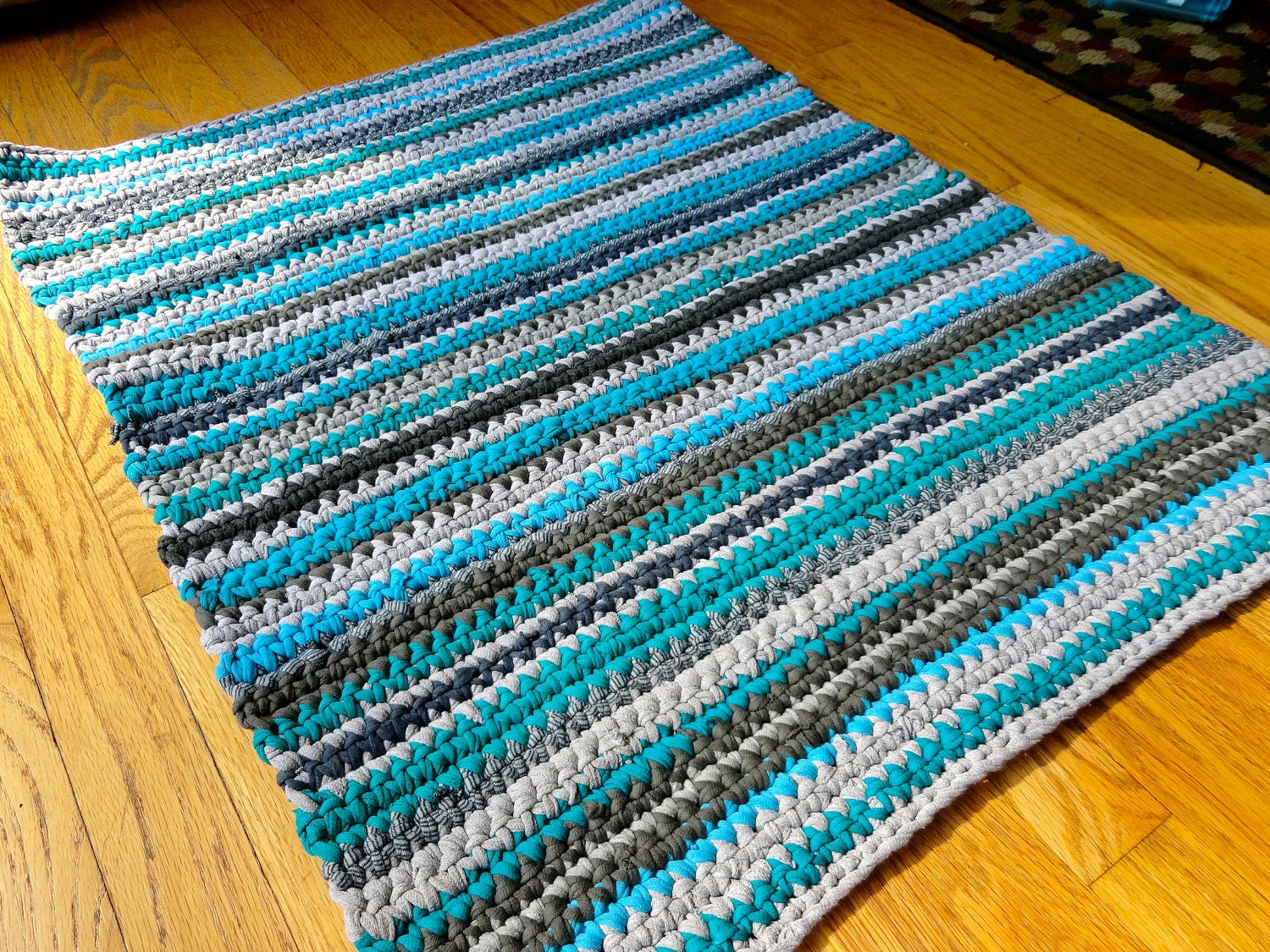 Gray and Blue Recycled Tshirt Rag Rug Cotton and