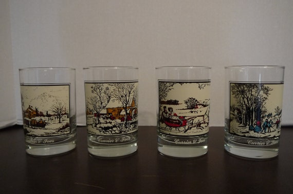 Items similar to Set of 4 Collectible Currier and Ives Glasses from ...