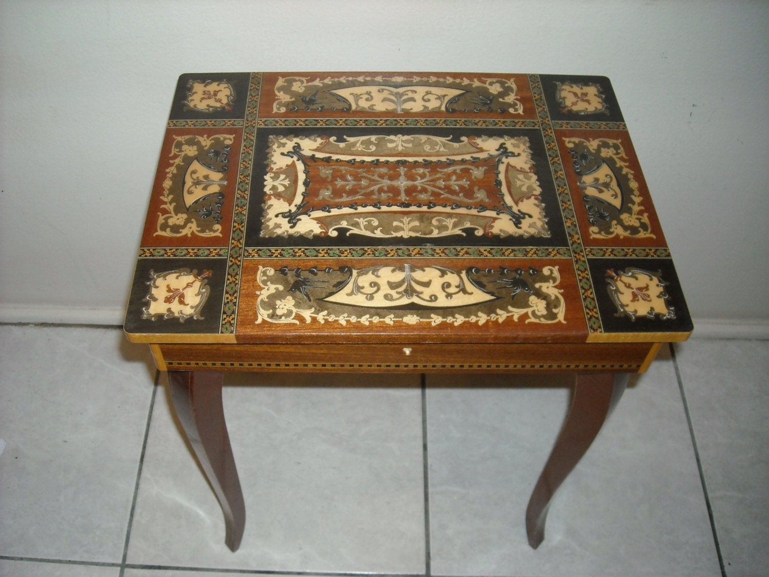 Italian Inlaid Wood Music Box Table Jewelry or Sewing Side