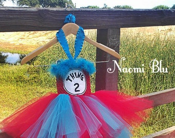 Dr. Suess inspired Embroidered Cat in the Hat Thing1 Thing 2 Tutu dress costume. Miss Thing. Great for birthdays, multiples, siblings