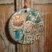 RESERVED FOR HEATHER Stamped Pottery Ornament Elephant and Sun in Copper and Verdigris Gilders Paste