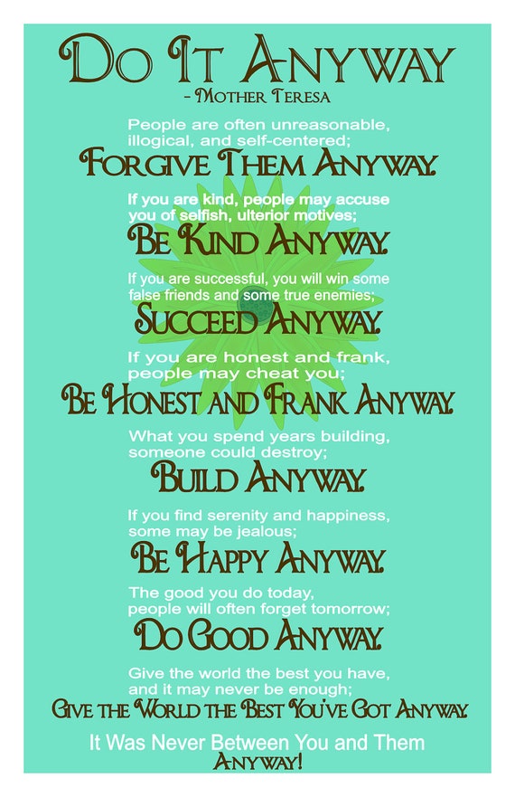 Items similar to Do It Anyway Inspirational Quote by Mother Teresa 11