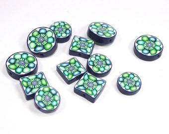 Green polymer Clay round and square beads, elegant flat beads in a variety of greens, blue and white, unique beads pattern, Set of 12