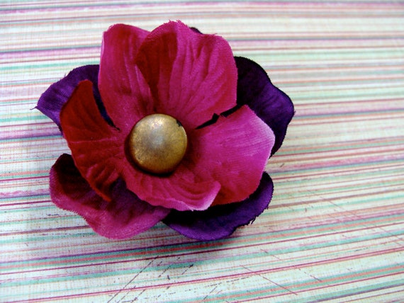 vintage button flower hair clip in gold, fuchsia, and deep purple