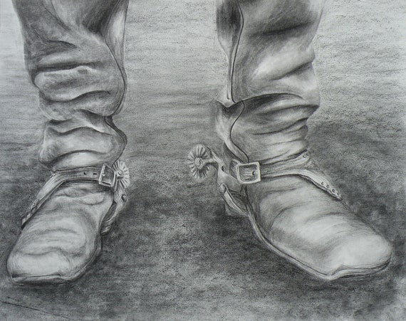 Items similar to Charcoal Cowboy Boots Drawing, Portrait of Cowboy