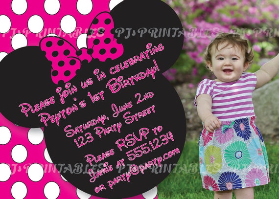Minnie Mouse polka dot Birthday Invitation with picture- Custom Digital File Il_570xn