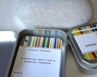Gift Tags . Knitting Crochet Gift Tags with fiber info . Craft Gift Tags in Tin Can