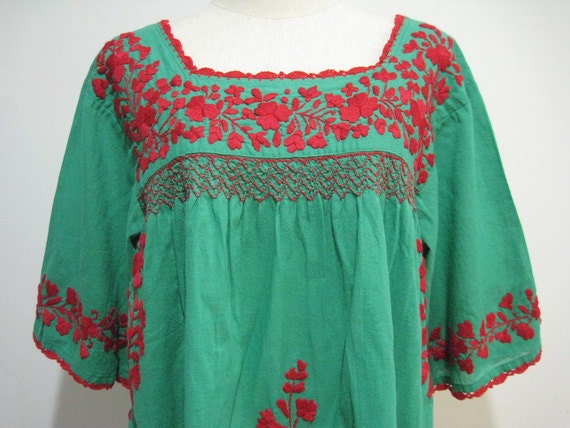 Mexican Embroidered Blouse 3/4 Sleeves In Green Boho Blouse