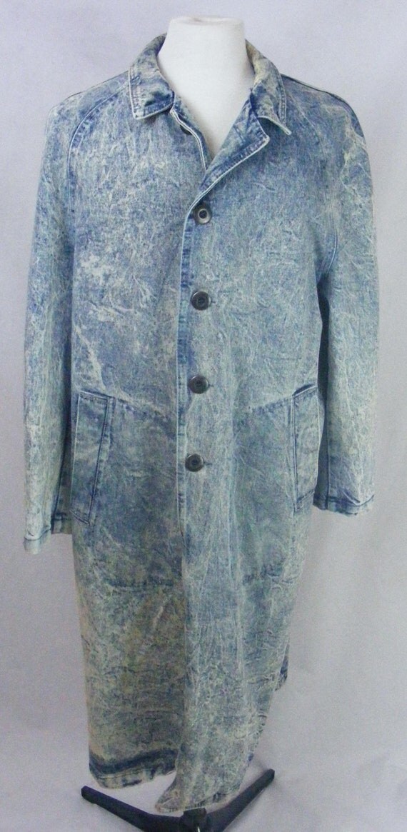 Vintage 80s Acid Wash Denim Trench Coat Jacket Size L.