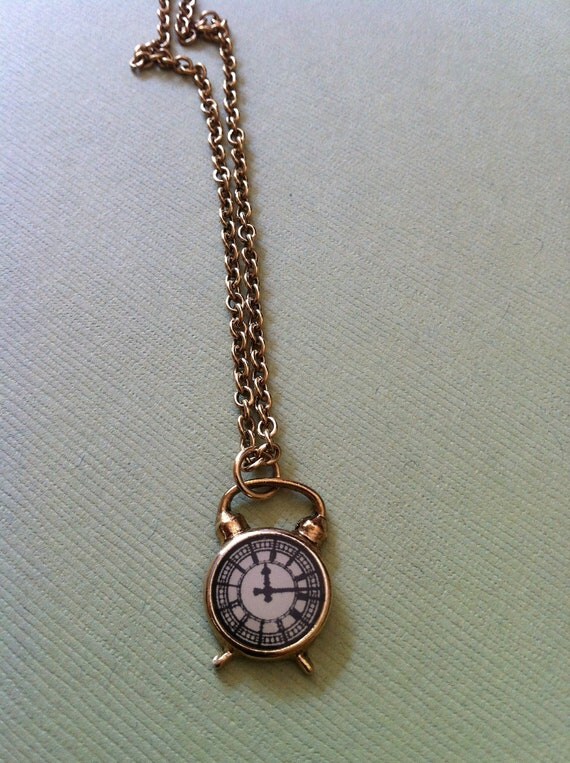 Mini alarm clock necklace gold plated pewter tiny pendent
